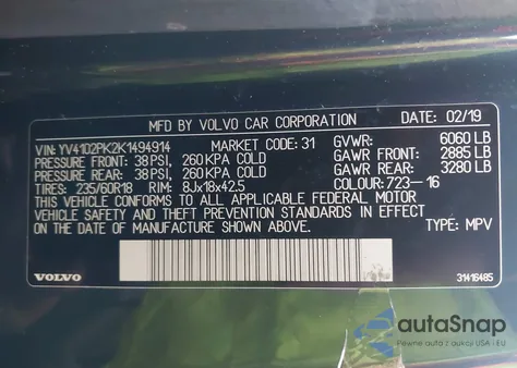 2019 Volvo Xc90 T5 Momentum из США, поврежденный, VIN YV4102PK2K1494914